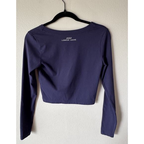 Lorna Jane Women’s Blue Long Sleeve Crop Top Gym Workout Dance V Neck Sexy - Picture 2 of 5